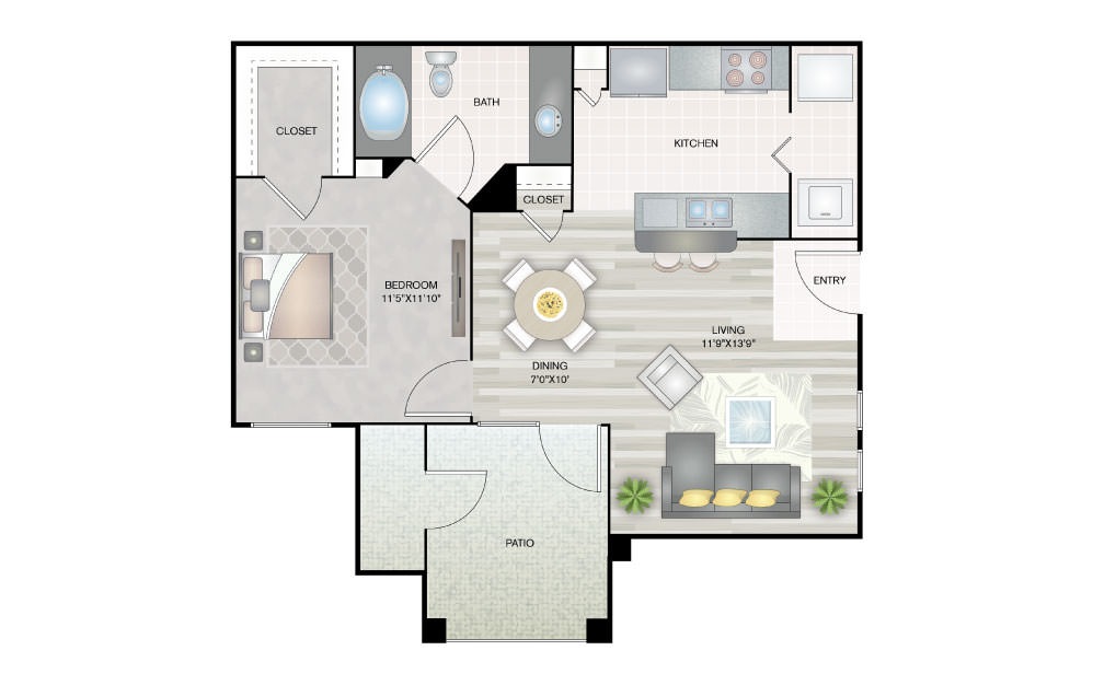 A1 - 1 bedroom floorplan layout with 1 bath and 652 square feet (1st floor 2D)
