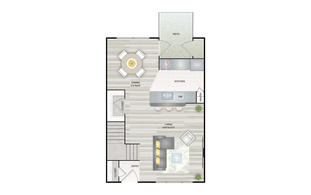 B1 Townhome - 2 bedroom floorplan layout with 2 bath and 976 square feet (1st floor 2D)