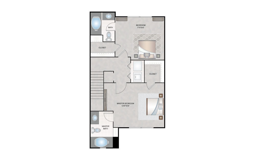 B1 Townhome - 2 bedroom floorplan layout with 2 bath and 976 square feet (2nd floor 2D)