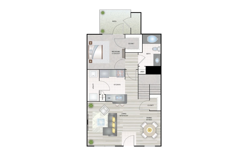 B2 Townhome - 2 bedroom floorplan layout with 2 bath and 1119 square feet (1st floor 2D)