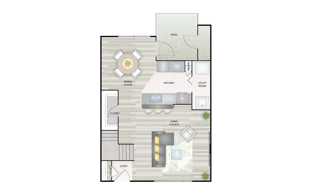 C2 Townhome - 3 bedroom floorplan layout with 2 bath and 1192 square feet (1st floor 2D)