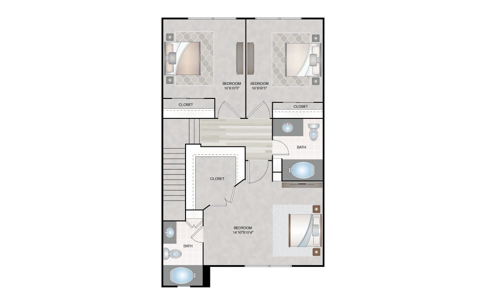 C2 Townhome - 3 bedroom floorplan layout with 2 bath and 1192 square feet (2nd floor 2D)
